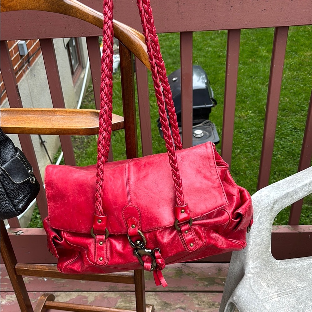 Toscani Striking Red Leather Shoulder Bag with Braided Strap